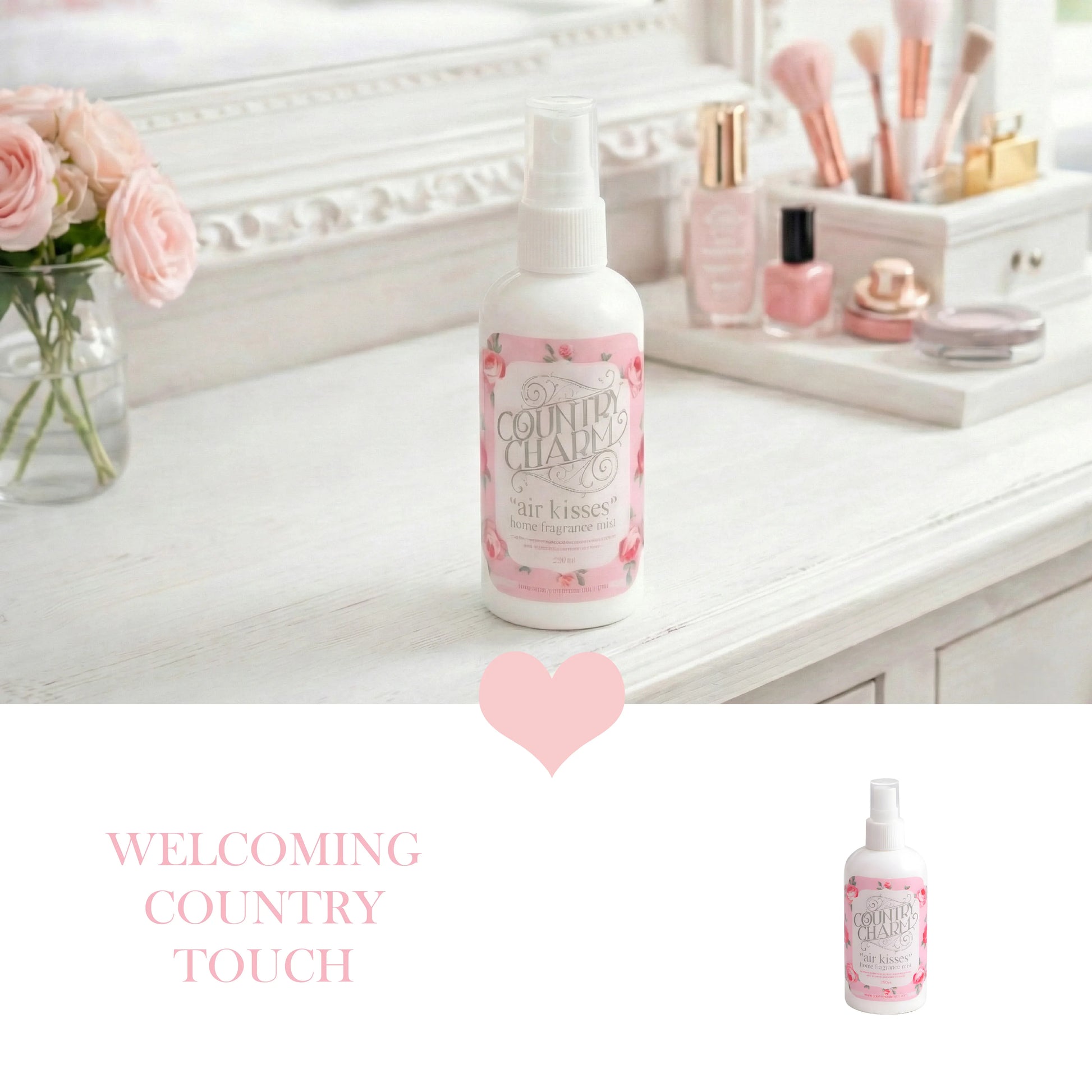 Bottle of 'Country Chic' product on a vanity with flowers and makeup.