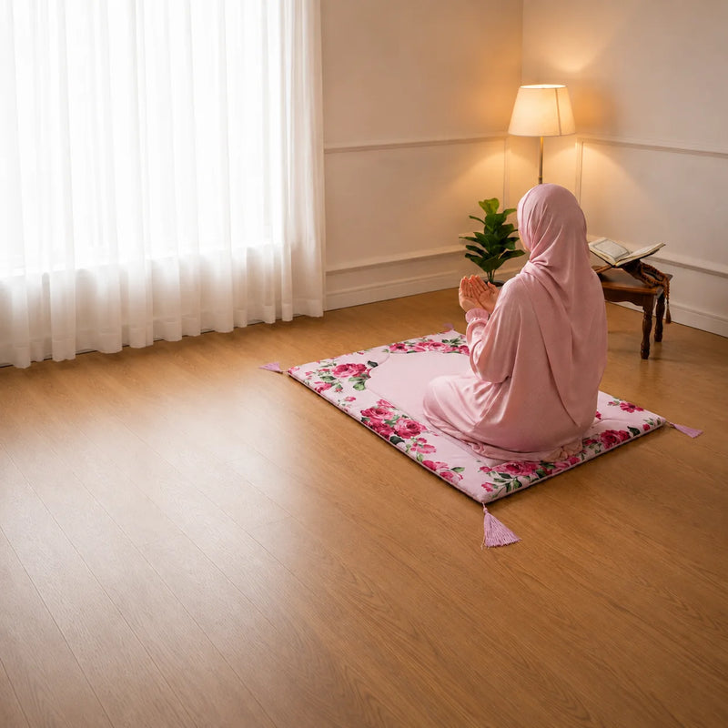 Country Charm Mawlid prayer scene with Armenian Satin Isdal and Fleur Haven Prayer Rug in a bright peaceful home