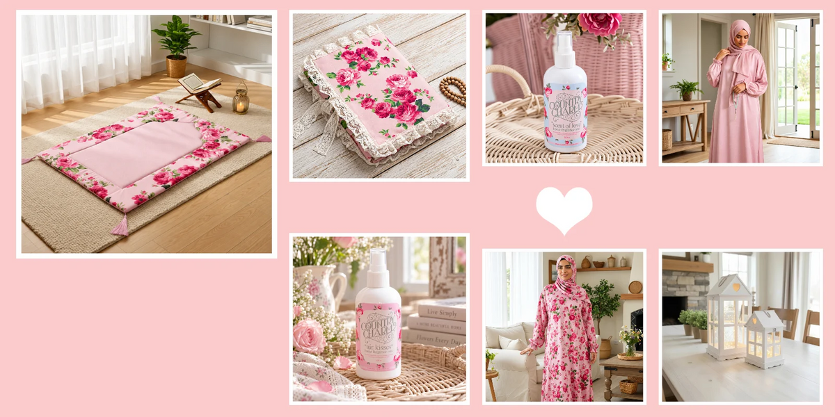 A pink-themed collage showing coordinated home textiles and bath products. The collage includes a pink floral bath mat on a wooden floor, folded pink floral towels, a pink floral bath towel, a pink pump bottle labeled 'Pink Magic' on a woven mat, a woman in a pink robe and headscarf standing indoors, a pink floral bottle on a table with books and flowers, and a pink floral robe worn by a woman in a bright room.