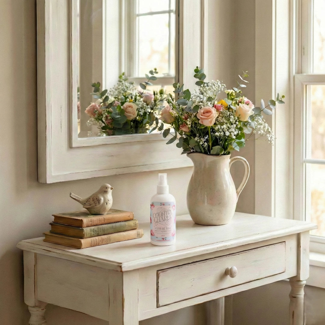 Country Charm Scent of Love Home Fragrance spray bottle styled on white dresser with flowers and books in bright room setting