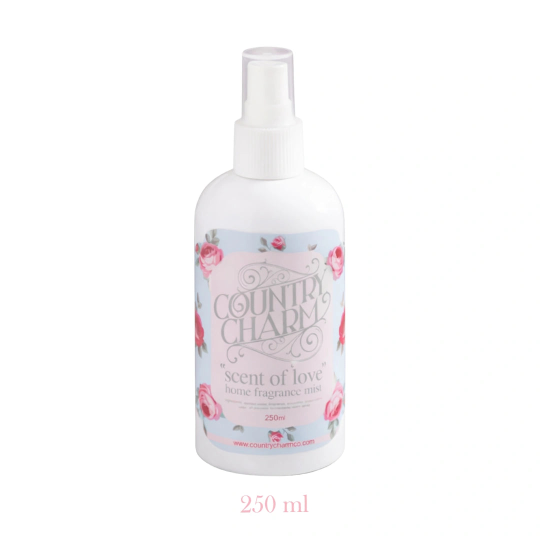 Country Charm Scent of Love Home Fragrance bottle with floral label on white background