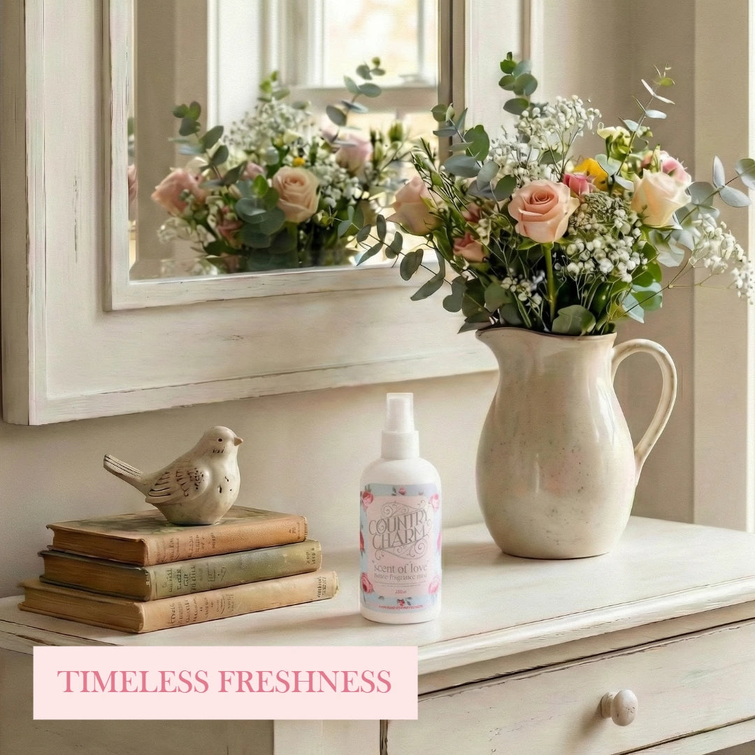 Country Charm Scent of Love Home Fragrance bottle labeled Timeless Freshness displayed with decorative flowers and books on shelf