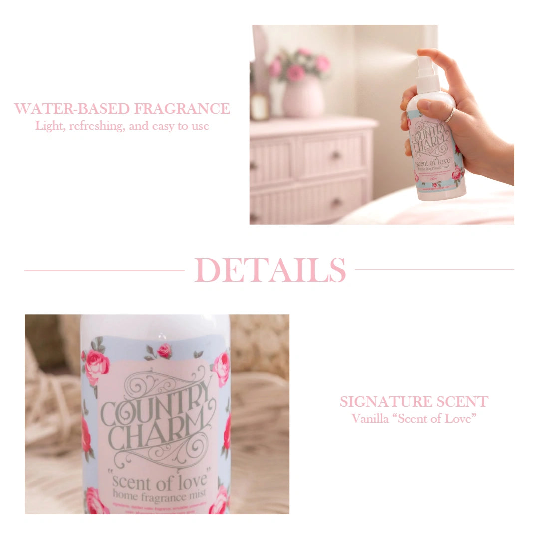Country Charm Scent of Love Home Fragrance packaging with water-based fragrance information