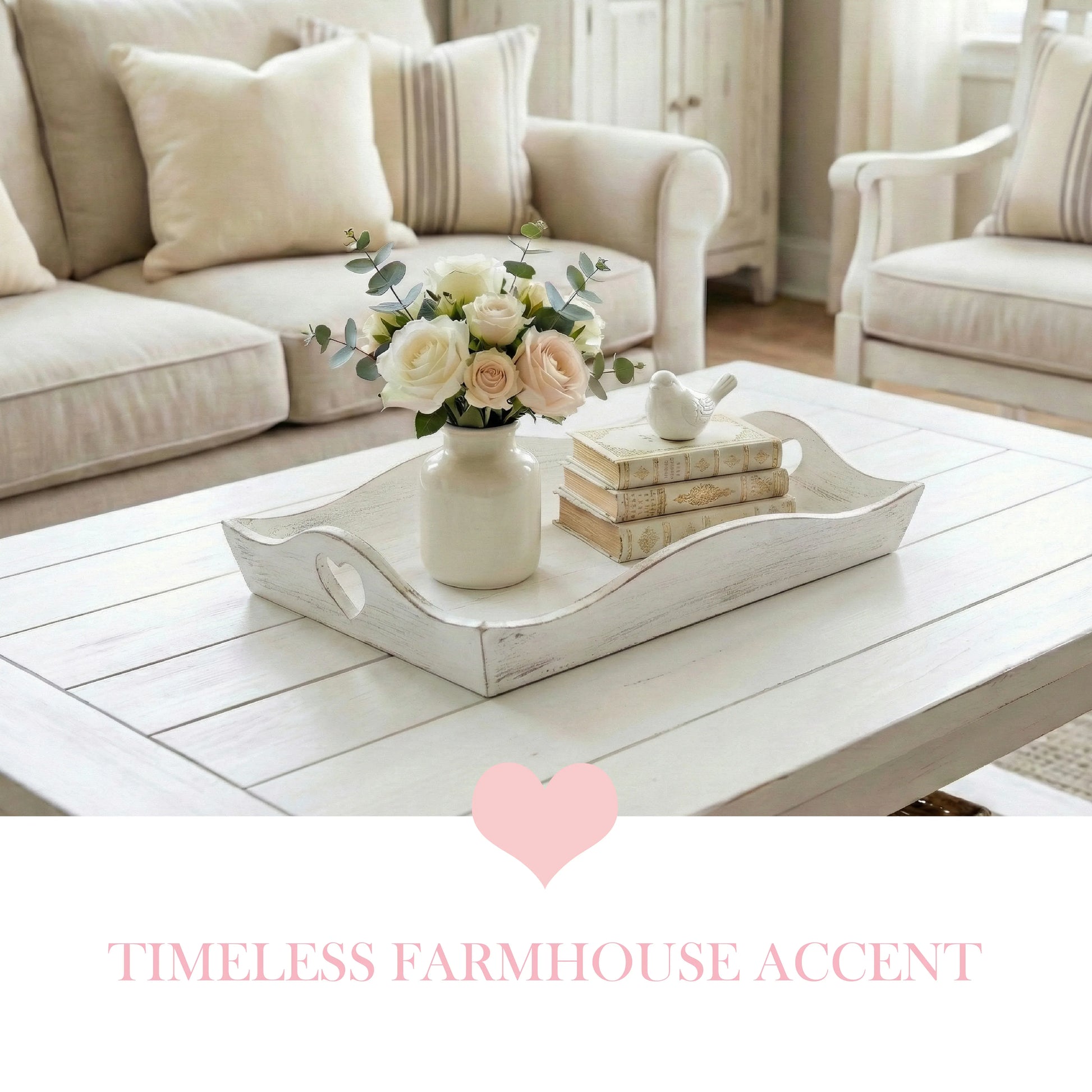 Living room with a white coffee table, floral arrangement, and books, featuring 'Timeless Farmhouse Accent' text.