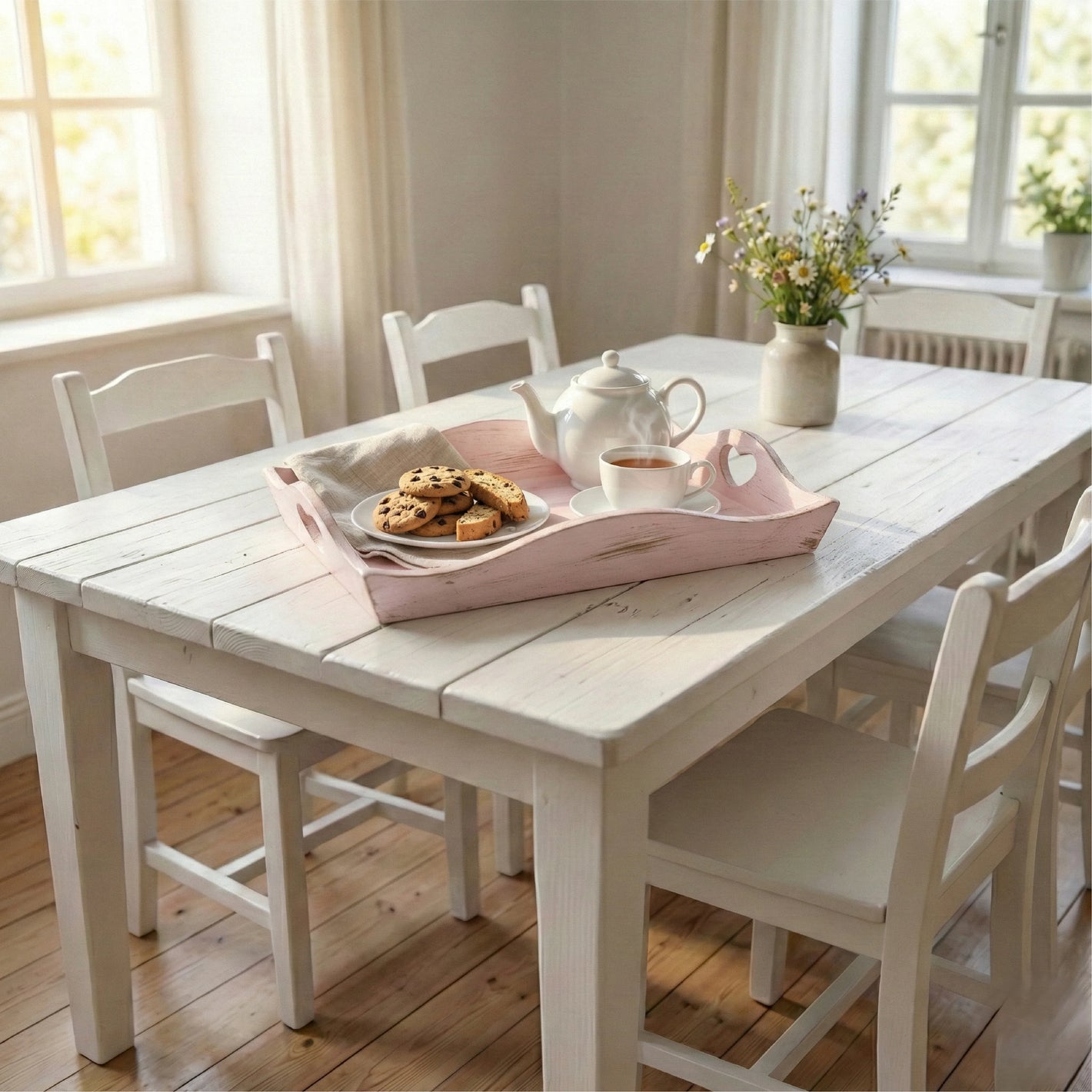 Dining room with a white table and chairs, featuring a tea set and cookies on country heart cut-out tray pale pink.