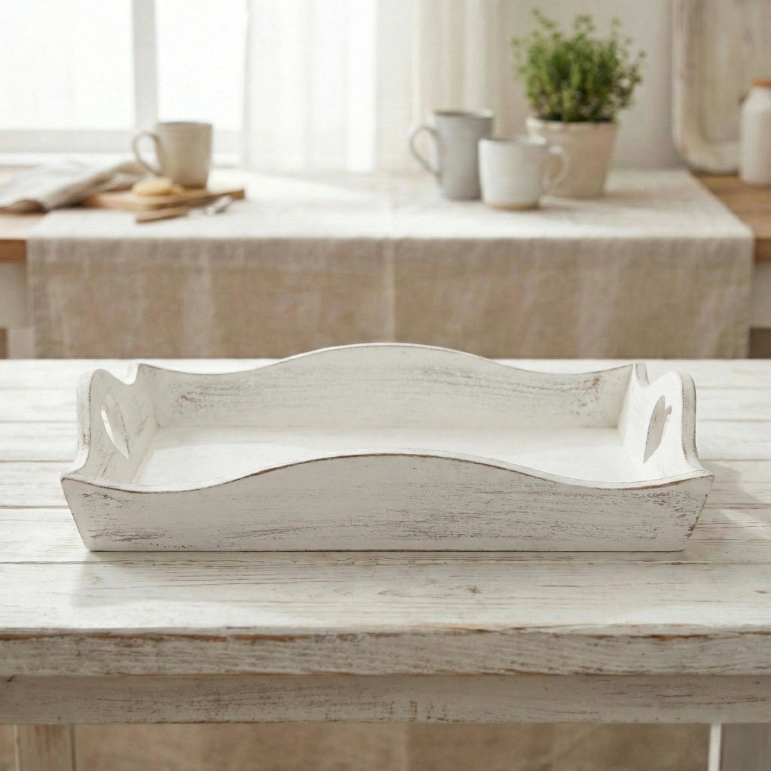 Country Heart Cut-Out Tray white wavy-patterned design on wooden table with kitchen background