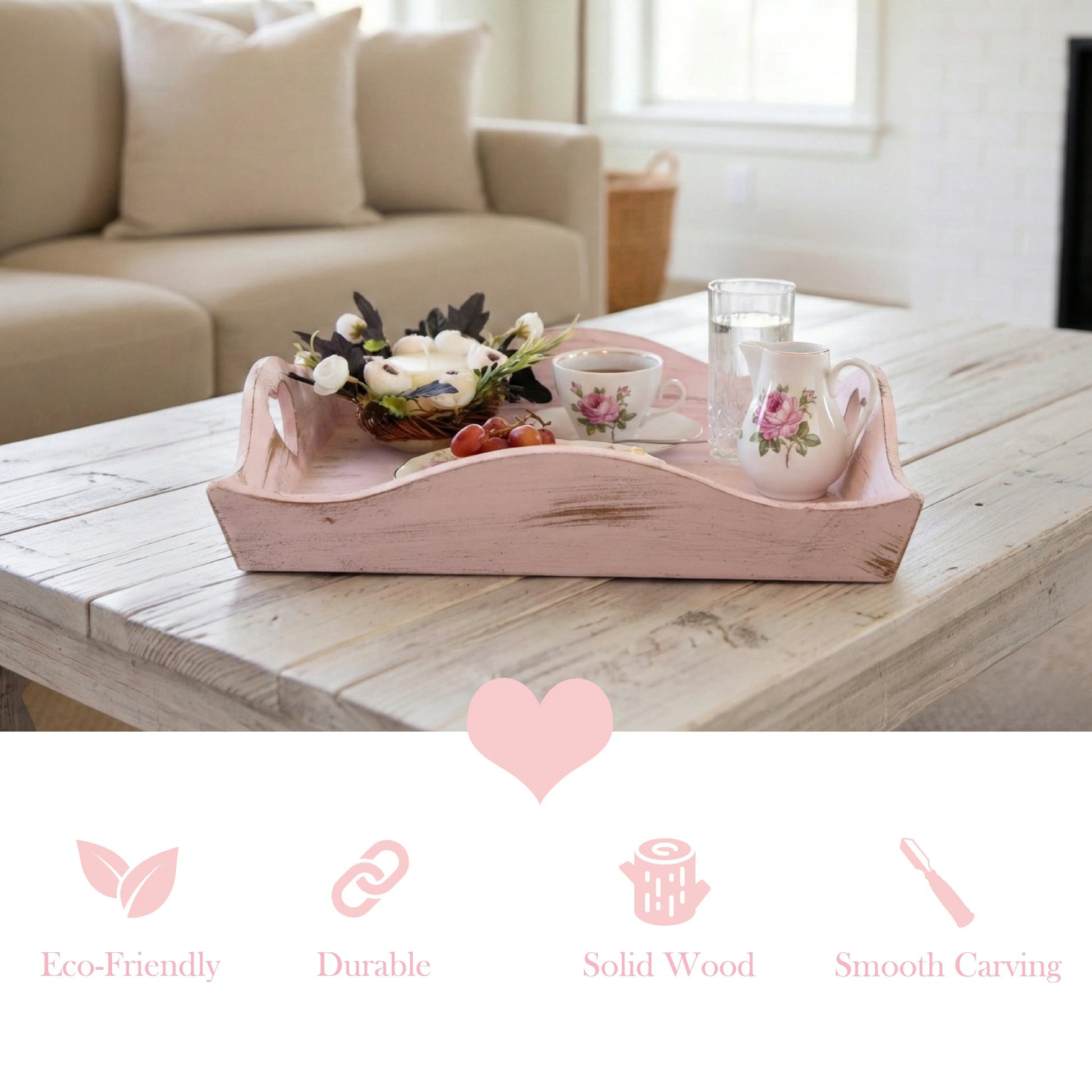 Wooden tray with decorative items on a coffee table in a living room.