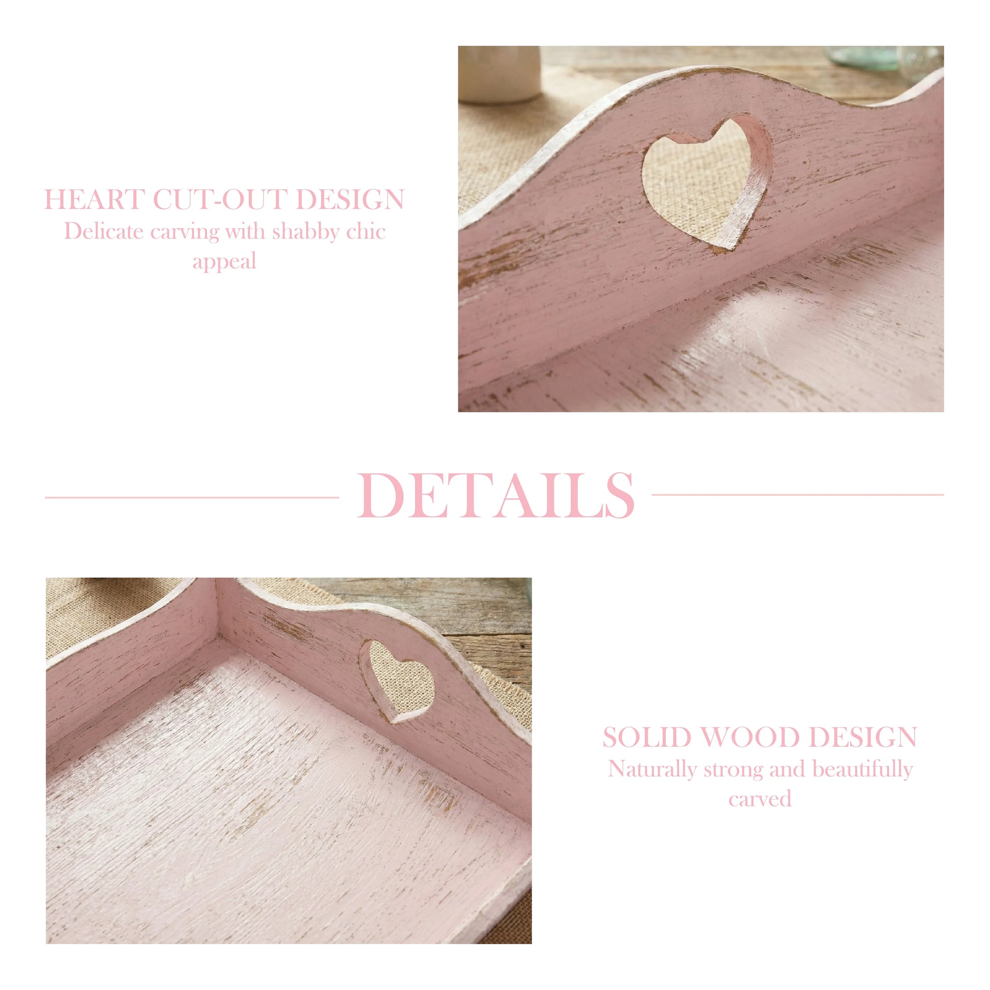 Wooden tray with heart cut-out design on a white background