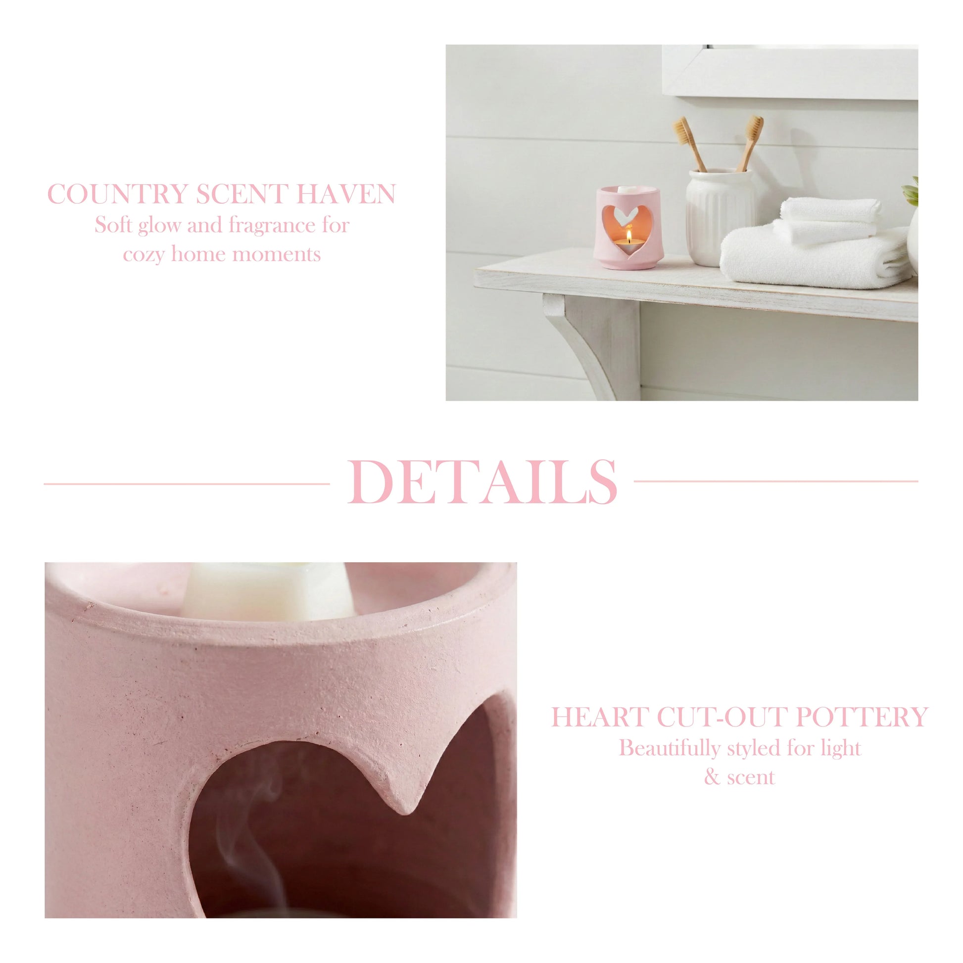 Candle with heart cutout design on a white background, featuring text about Country Scent Haven and heart cut-out pottery.

