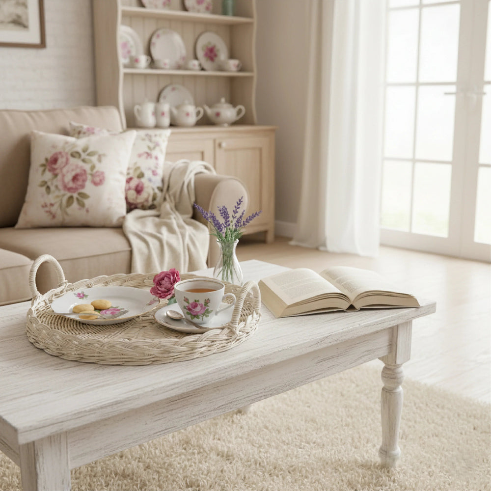 Cozy living room with a coffee table, sofa, and decorative items.
