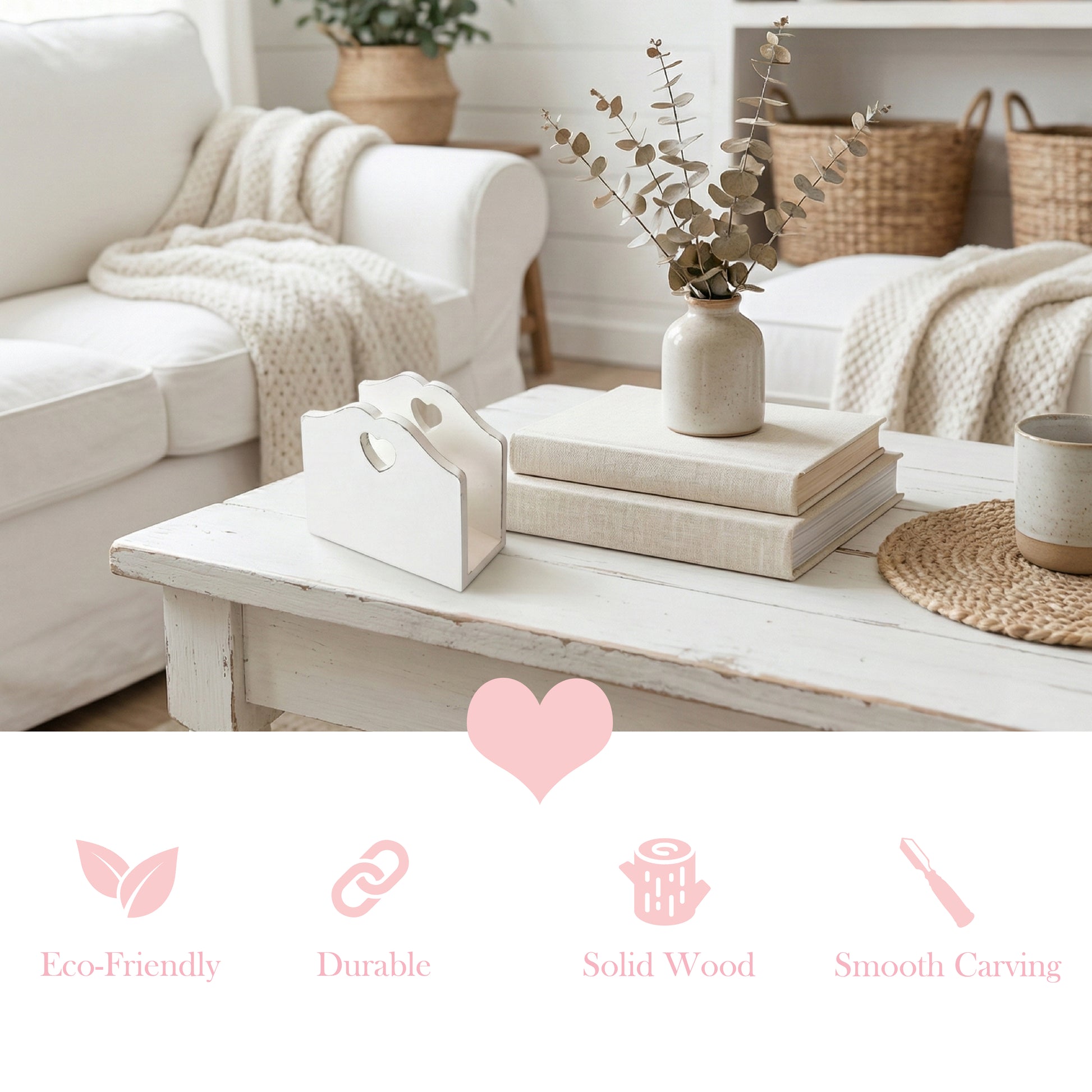 Cozy living room with a white sofa, wooden coffee table, books, vase, placemat, tissue holder and decorative items.