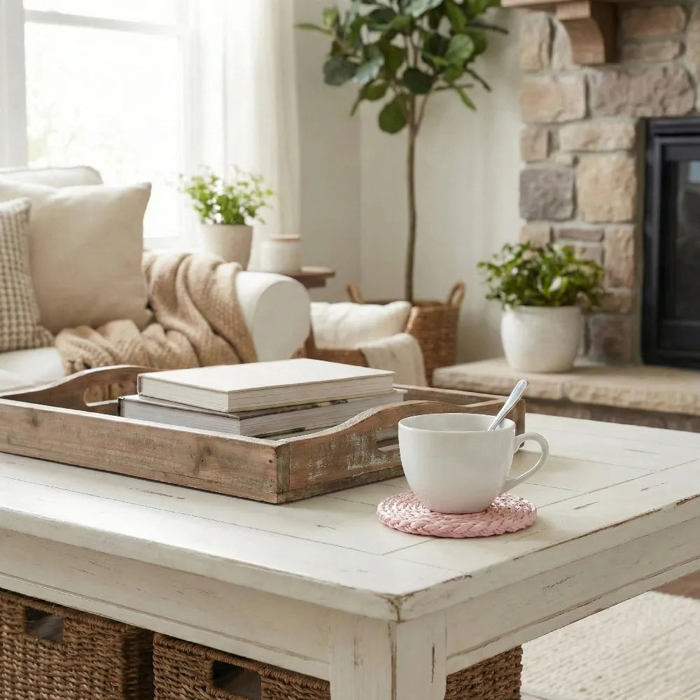 Cozy living room with a wooden coffee table, books, a mug, and plants.