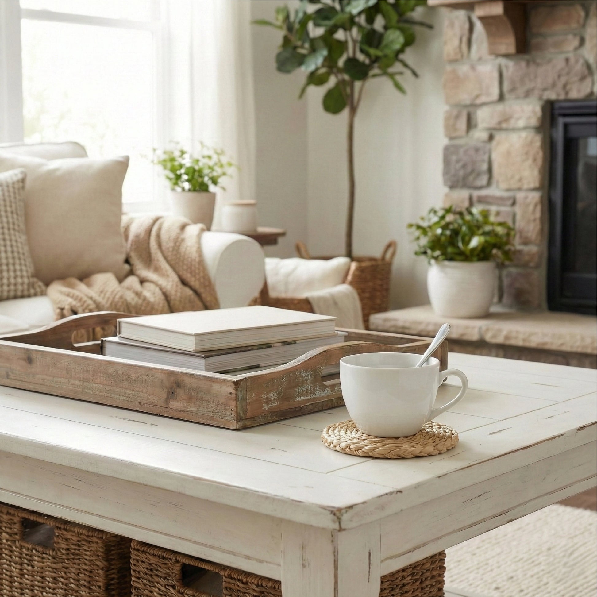 Cozy living room with a wooden coffee table, books, a cup, and plants.