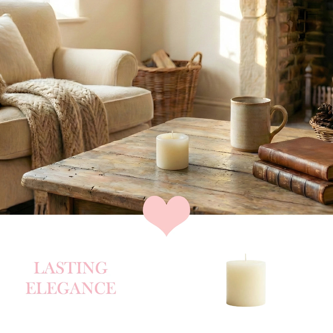 Cozy living room with a wooden table, antique-white-pillar-candle, mug, and books, featuring 'Lasting Elegance' text.