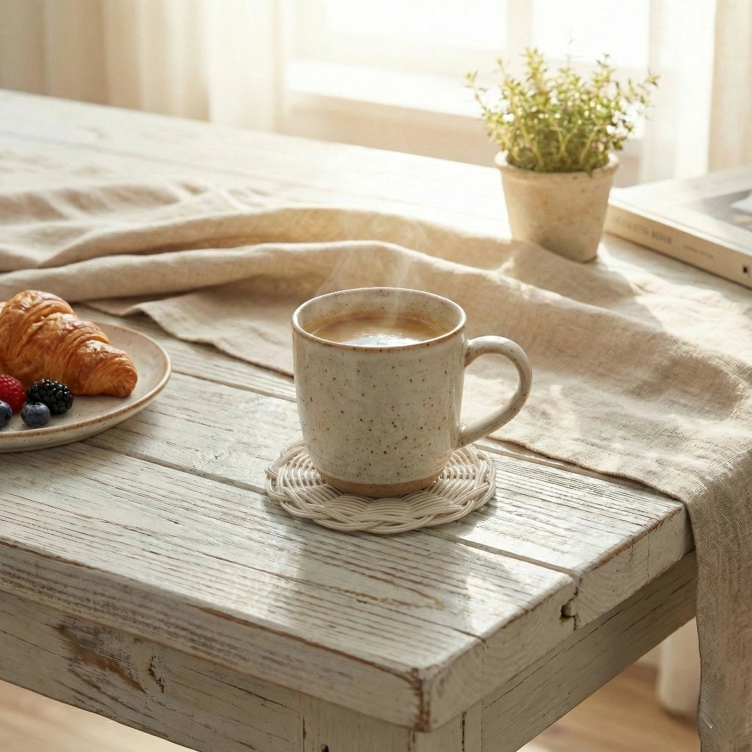 Coffee cup placed on Cottage Round Wicker Coaster, plate of pastries and small plant in background for home décor styling