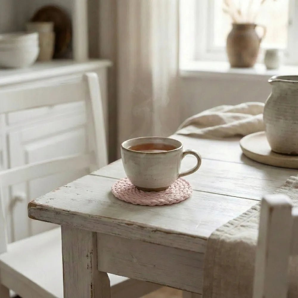 Cup of coffee on a wooden table with a cozy, homey atmosphere