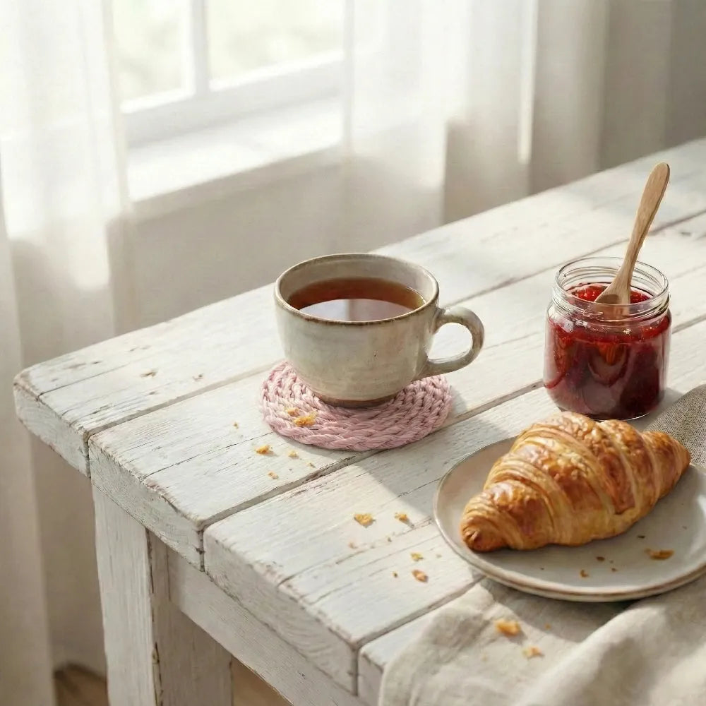 Cup of tea with a croissant and jar of jam on a wooden table