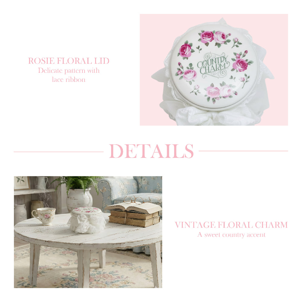 Decorative item with floral design on a white background, featuring text about 'Rosie Floral Lid' and 'Vintage Floral Charm'.