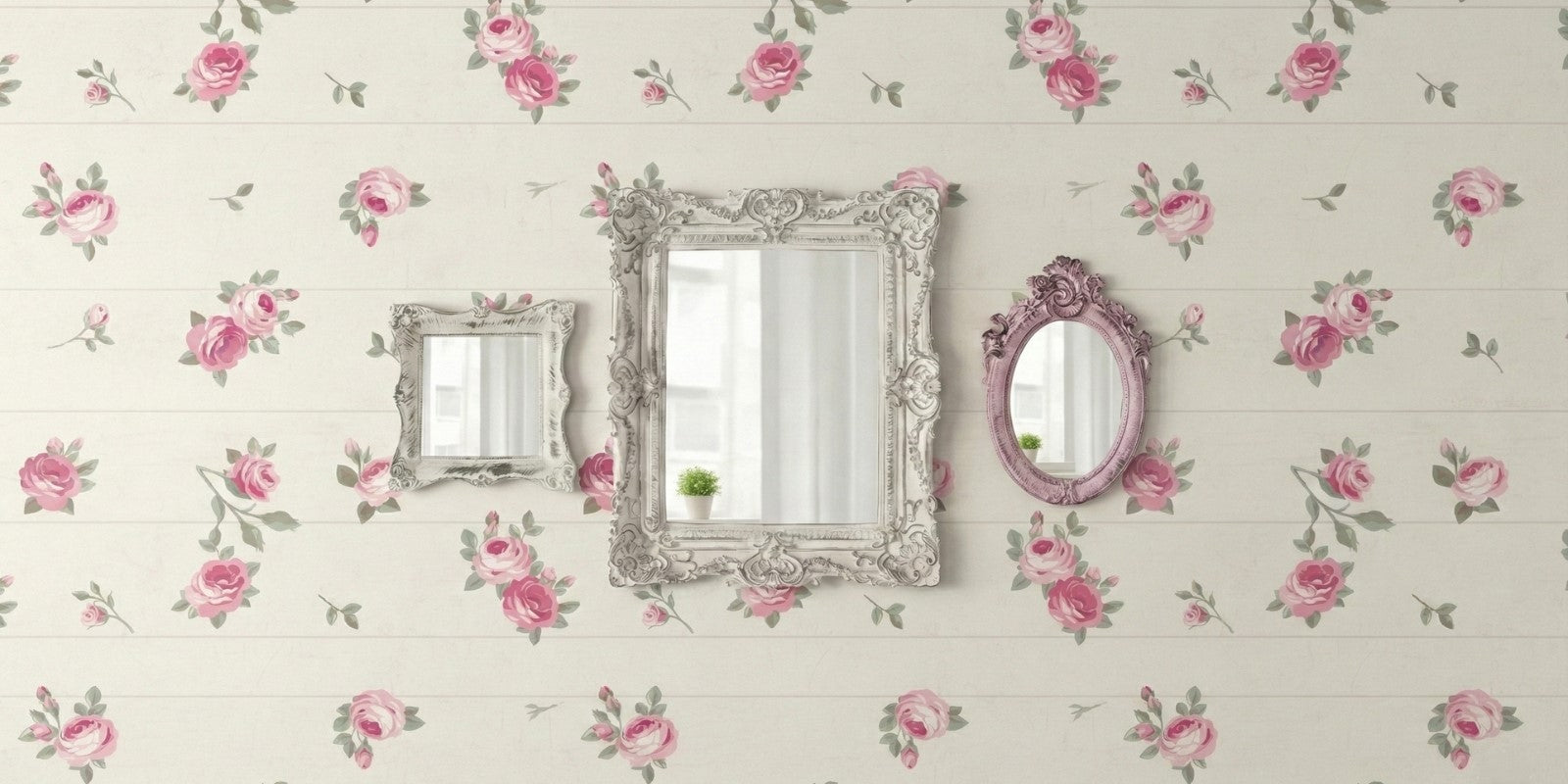 Decorative mirrors with floral and butterfly patterns on a floral wallpapered wall.