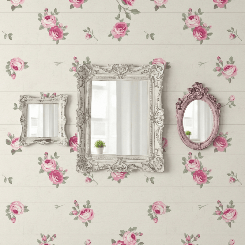 Decorative mirrors on a wall with floral wallpaper
