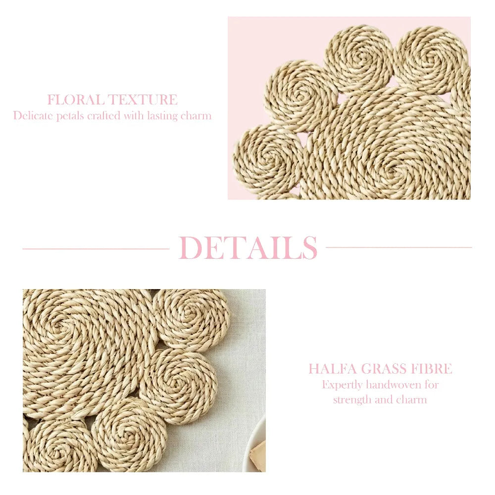Decorative woven mat with floral texture and halfa grass fibre on a white background.