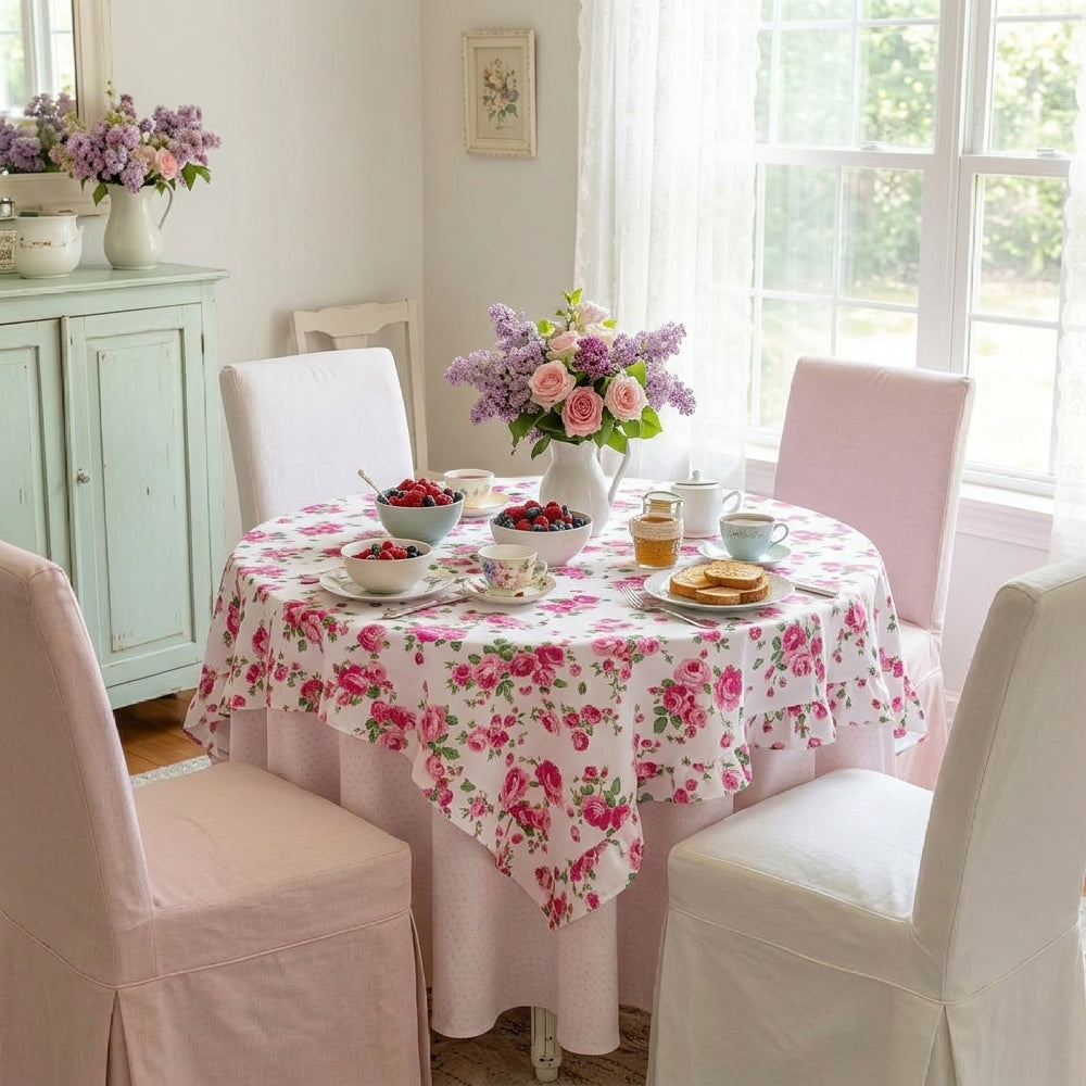 Dining room with a table set for breakfast, featuring a floral tablecloth and pink chairs.