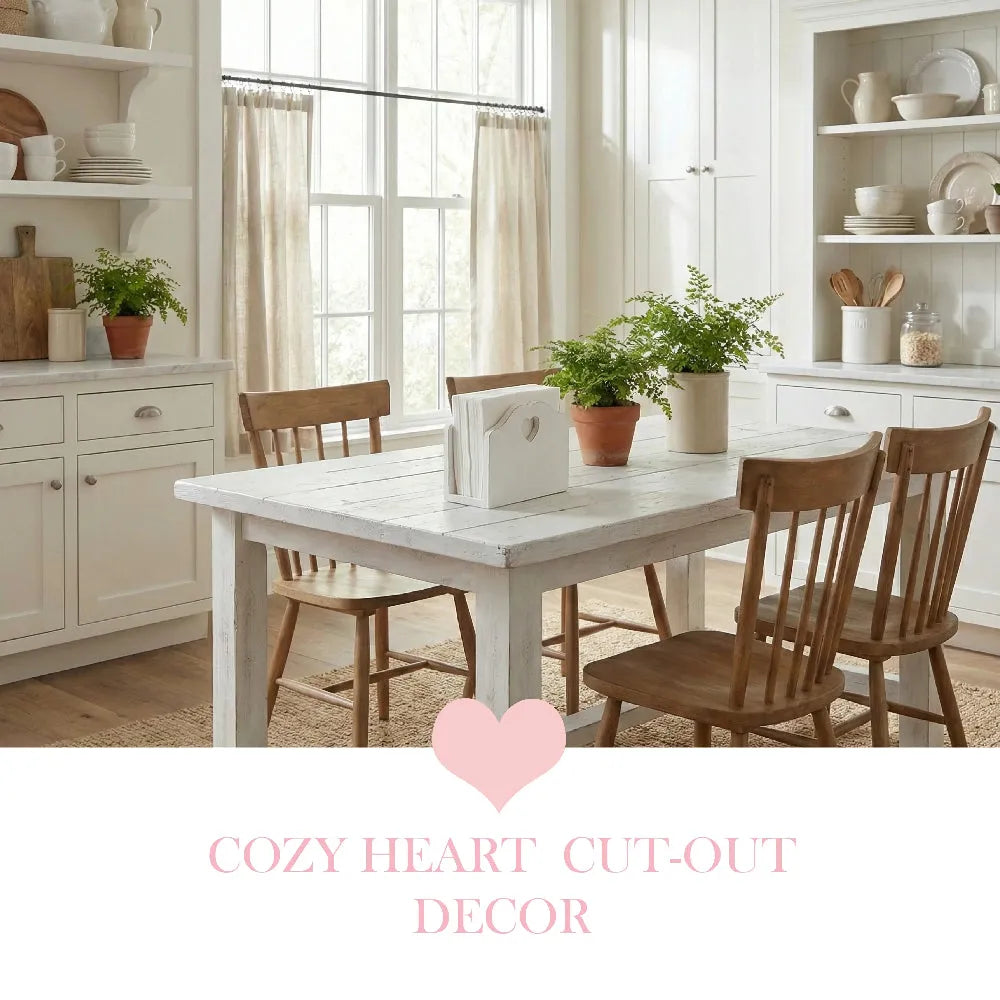 Cozy dining room with white table and wooden chairs, decorated with plants and a pink heart cut-out.