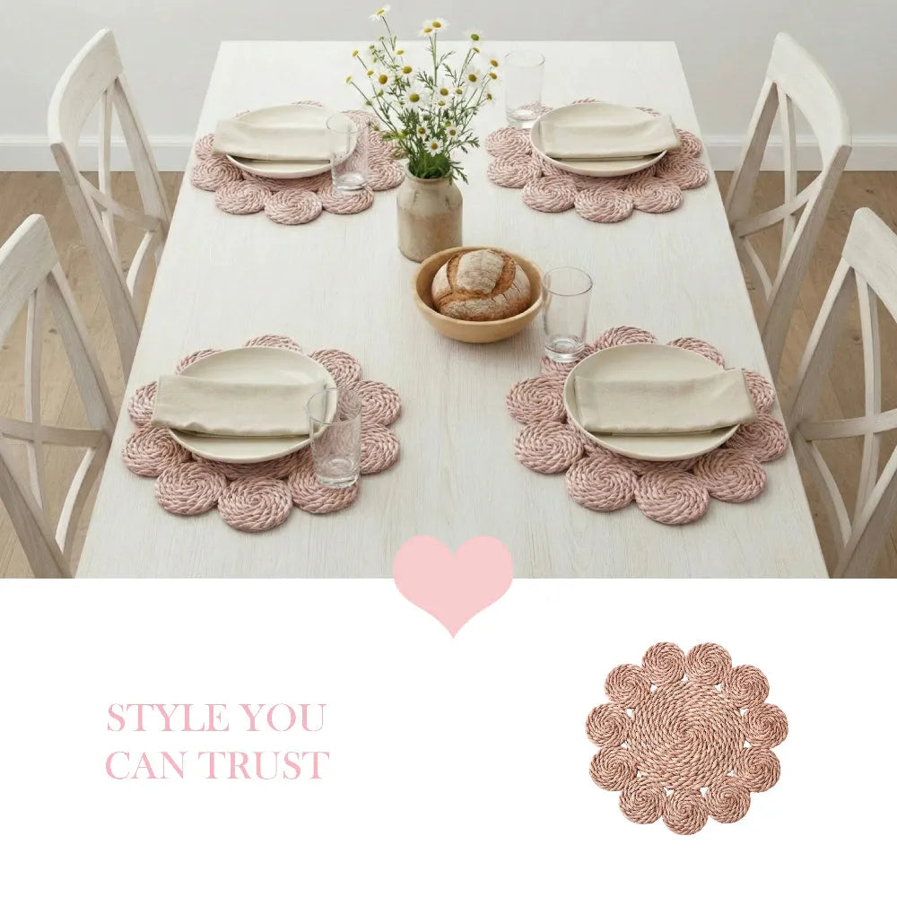 Dining table set with pink placemats and a heart symbol, featuring the text 'Style You Can Trust'.