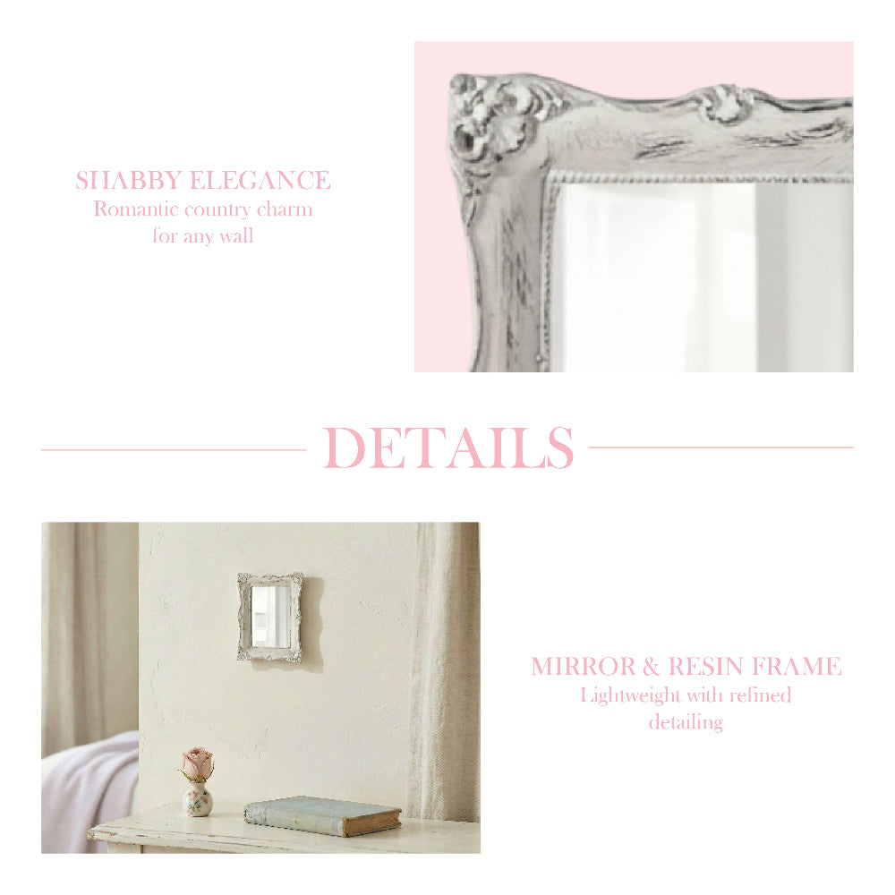 Product details graphic showing a close-up of a distressed mirror frame and a small rectangular mirror on a white wall.