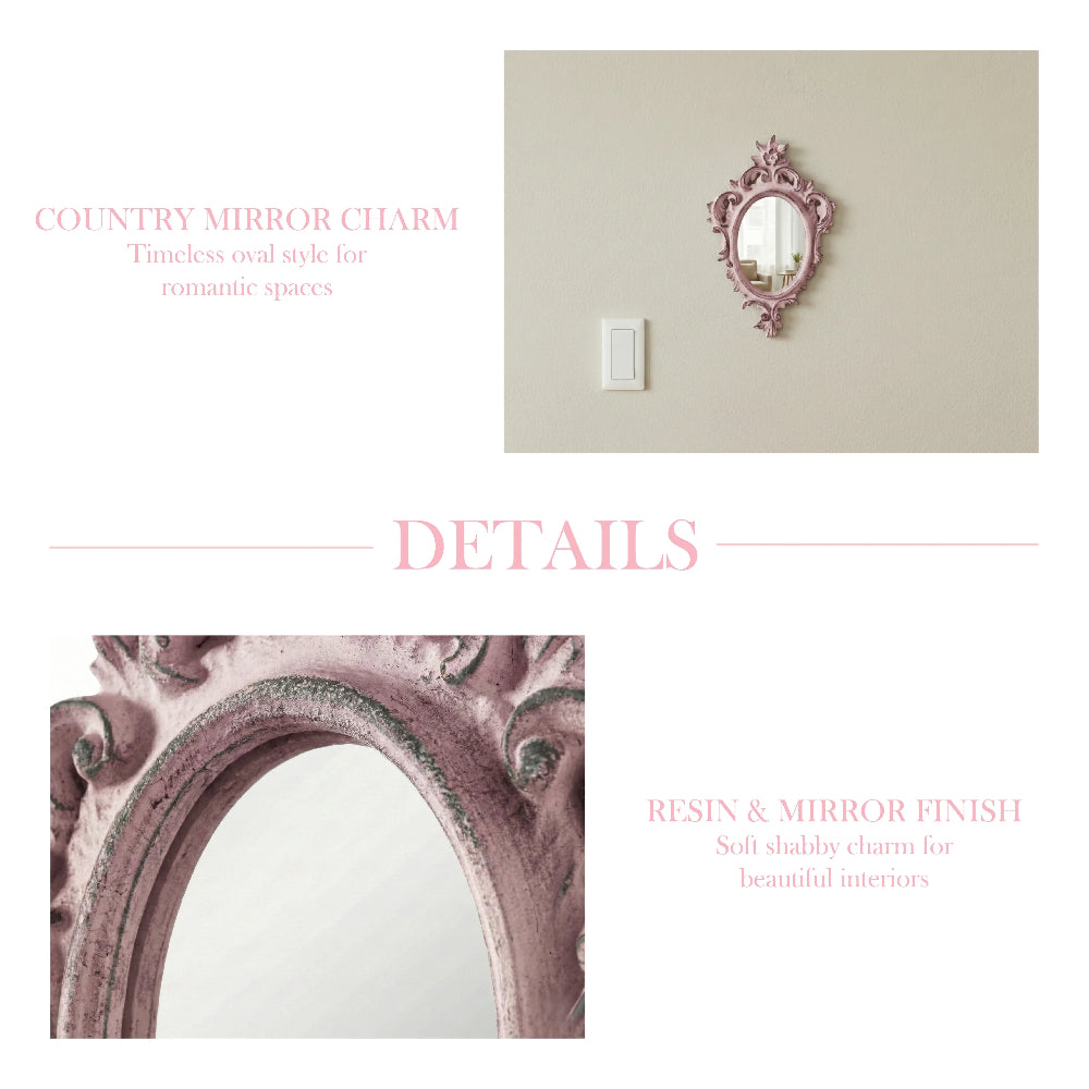 Ornate dusty pink mirror on a beige wall and a zoomed-in detail of its distressed texture with pink descriptive text.