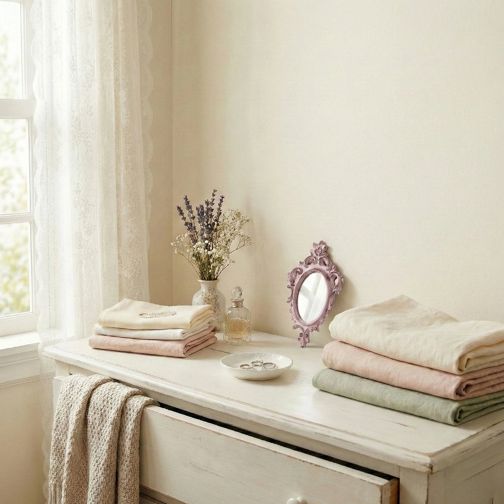 Stacks of folded linens, a lavender vase, and an ornate dusty pink mirror on a white dresser next to a lace curtain.