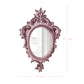 Ornate dusty pink oval mirror with distressed details on a white background with dimension lines and text.