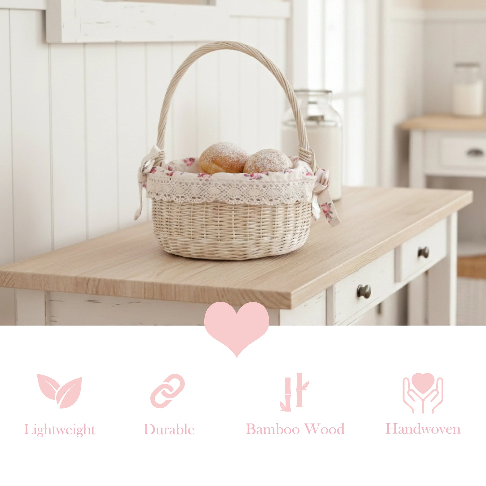 Woven basket with bread on a wooden table in a kitchen setting