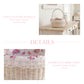 Wicker basket with floral fabric on a white background, with text describing the product.