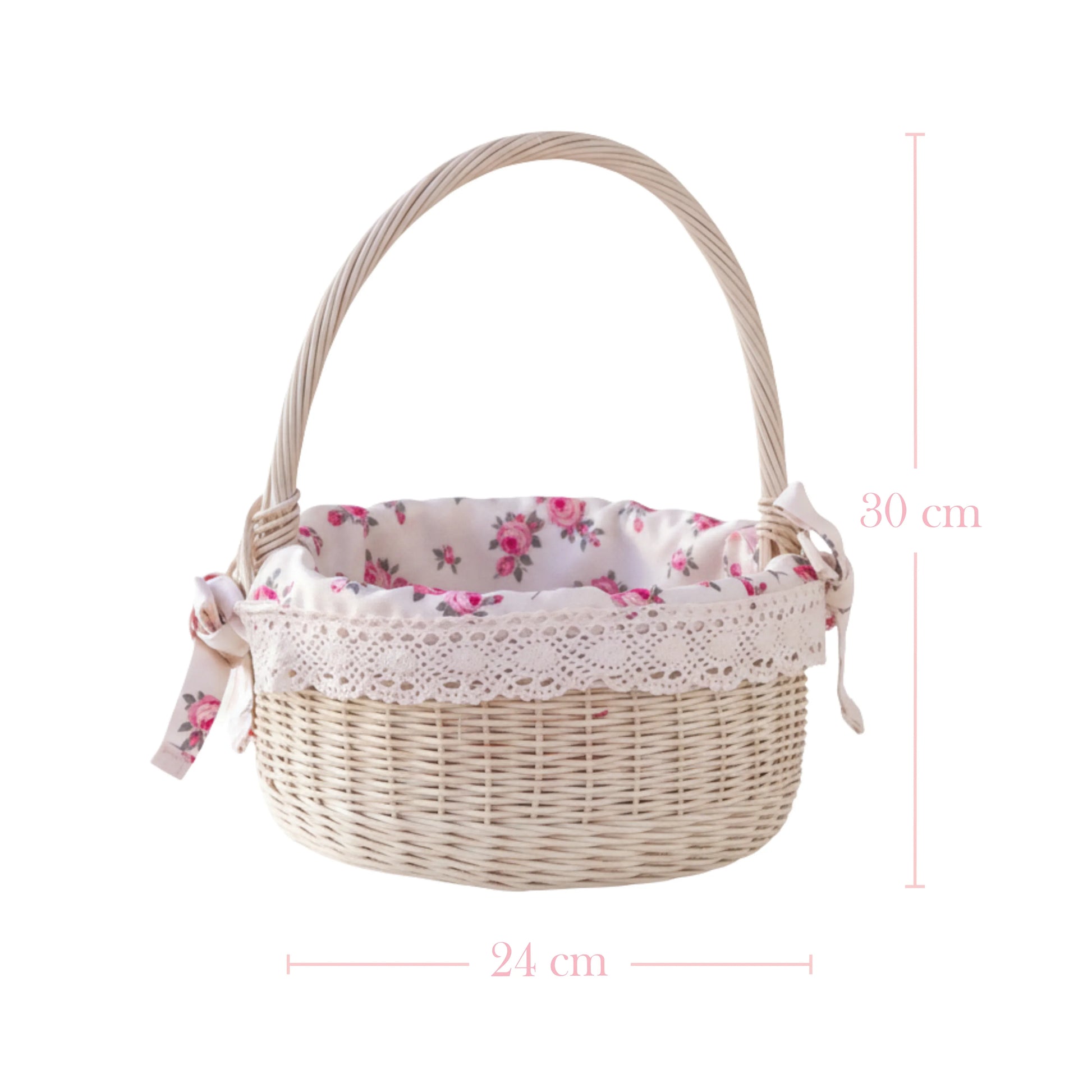 Wicker basket with floral lining and dimensions on a white background