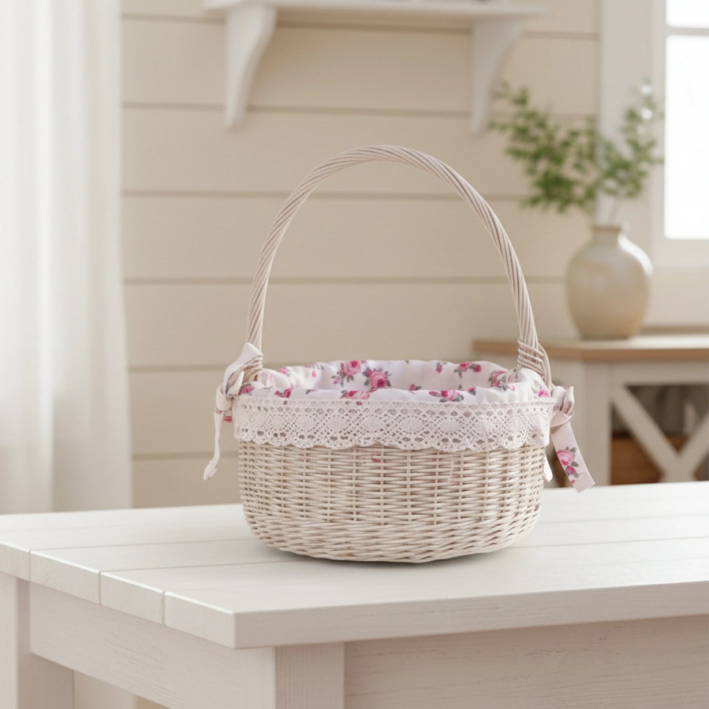 Wicker basket with floral lining on a white table

