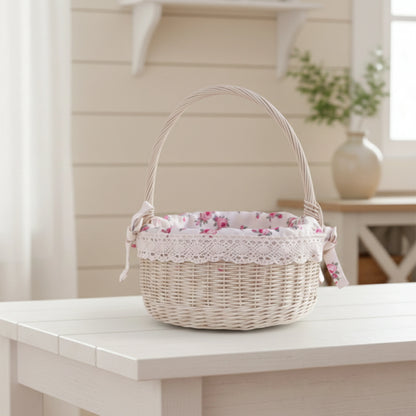 Wicker basket with floral lining on a white table