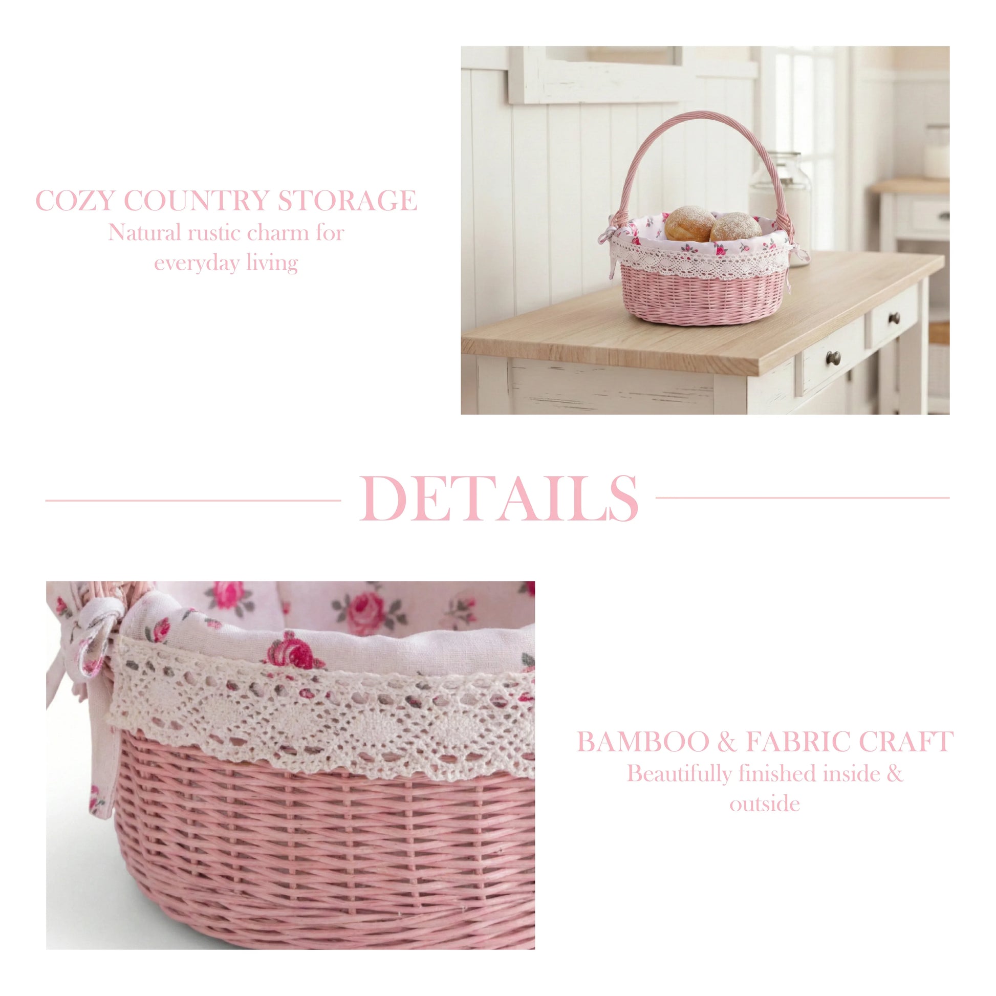 Pink wicker basket with floral fabric on a wooden table, with text describing its features.