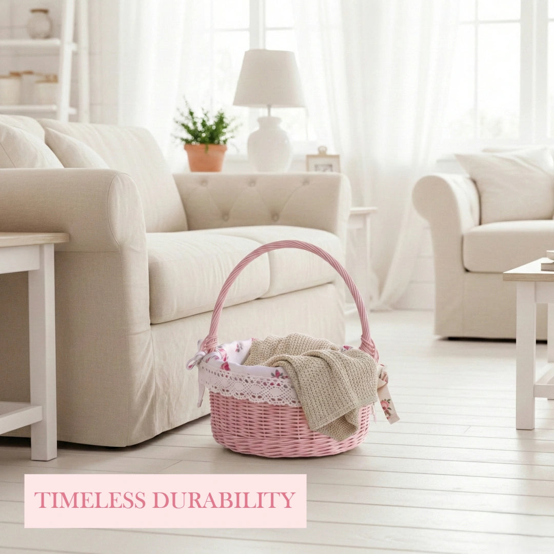 Pink wicker basket with floral lace on a light wooden floor in a bright living room.