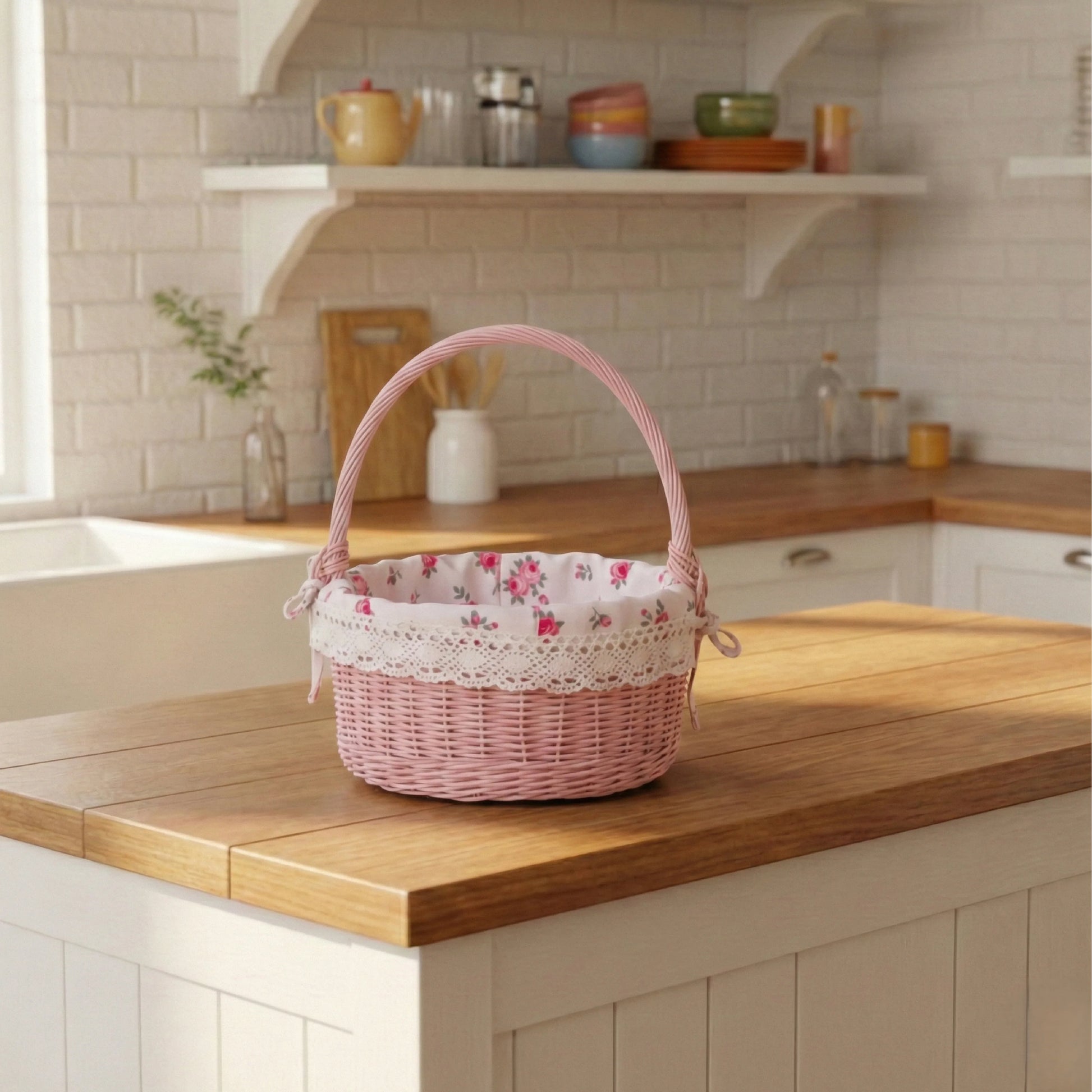 Pink wicker basket with floral lining on a kitchen counter