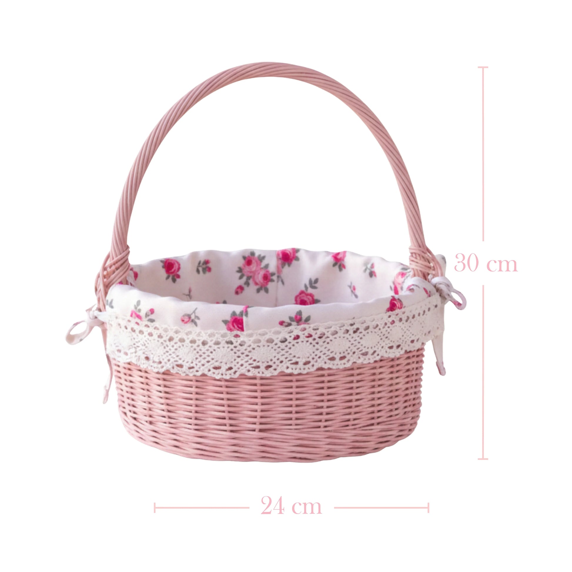 Pink wicker basket with floral fabric lining and lace trim, featuring dimensions on a white background.