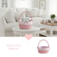 Pink wicker basket with floral pattern on a white table in a living room setting.