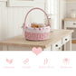 Pink wicker basket with floral lining on a wooden table in a kitchen setting