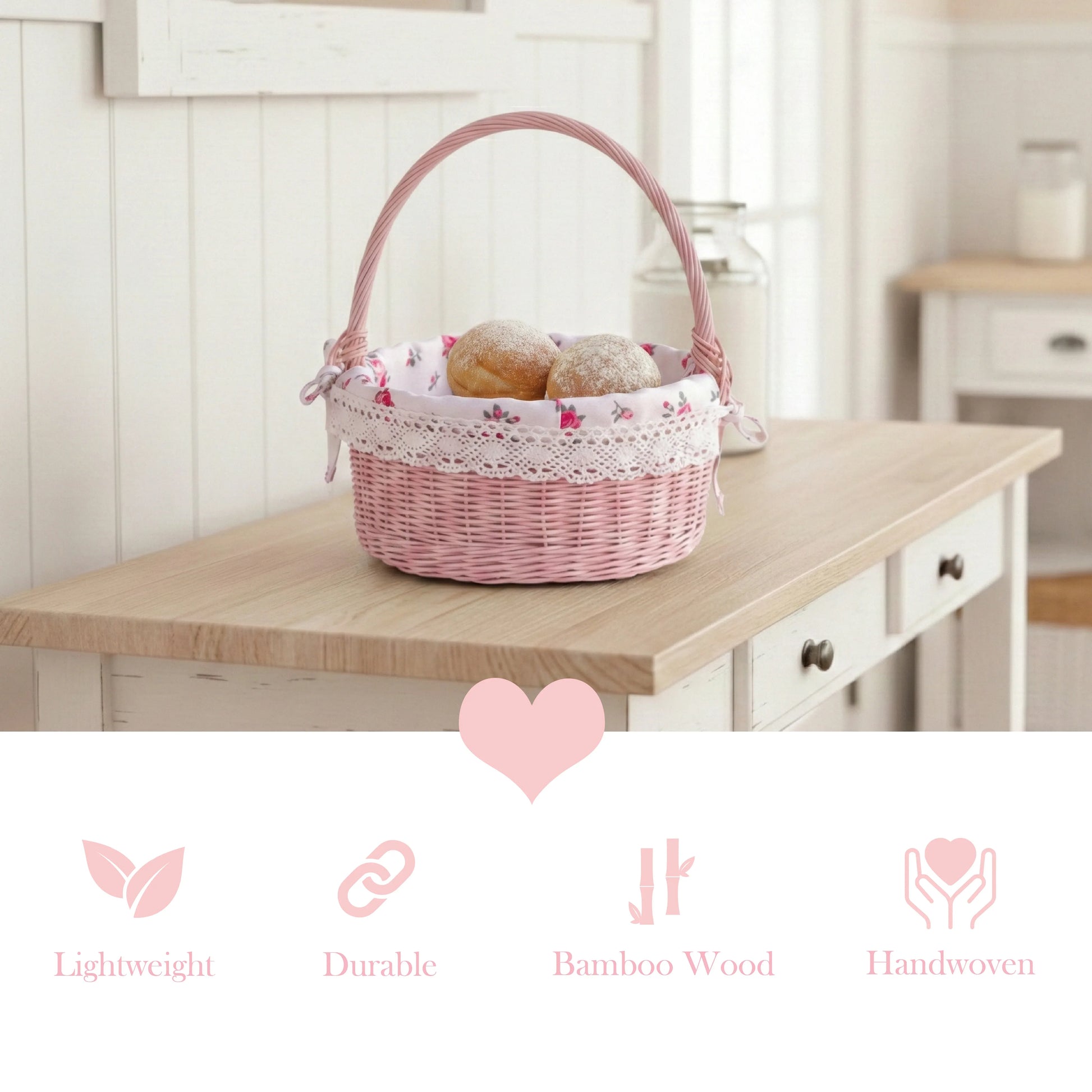Pink wicker basket with floral lining on a wooden table in a kitchen setting