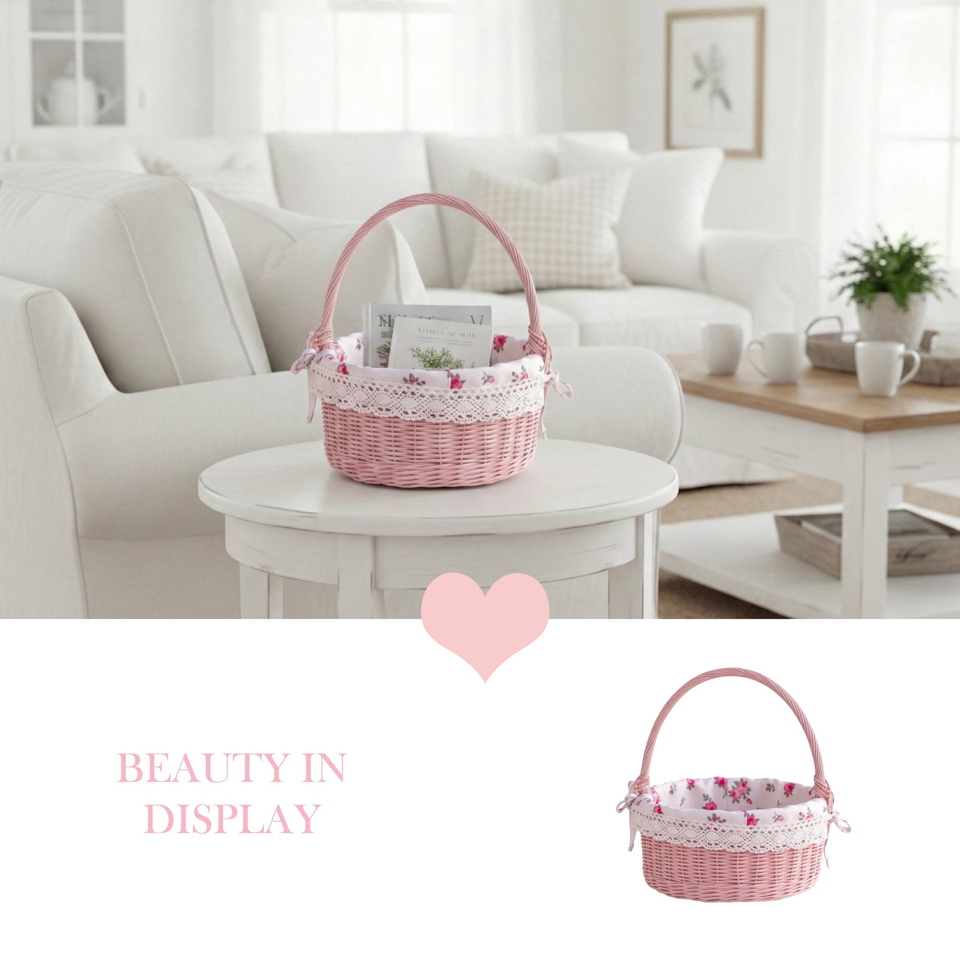 Pink wicker basket with floral pattern on a white table in a living room setting.