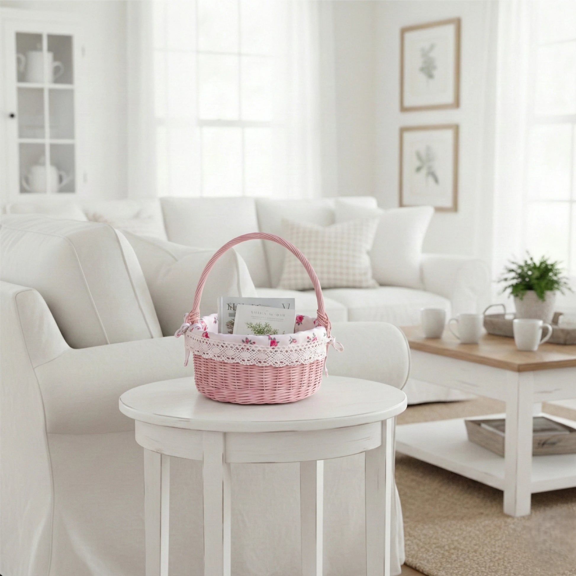 Pink wicker basket on a white side table in a bright living room.