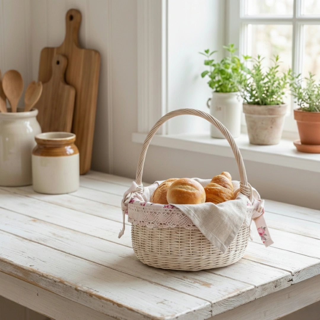 Farmhouse Wicker Basket Round with Handles antique white filled with bread on wooden kitchen table