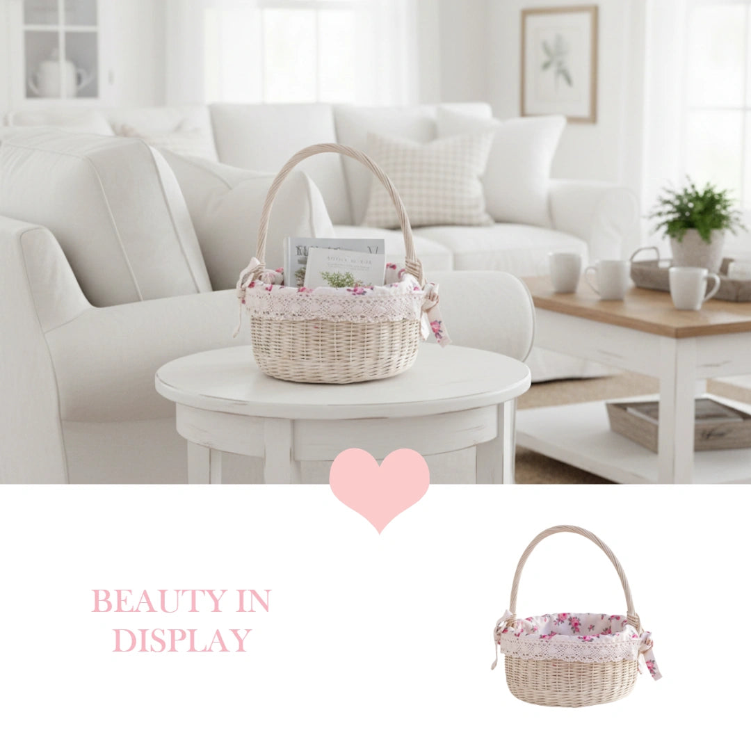 Farmhouse Wicker Basket Round with Handles antique white featuring floral accents on white table living room setting