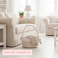 Farmhouse Wicker Basket Round with Handles antique white featuring floral lining in bright living room setting