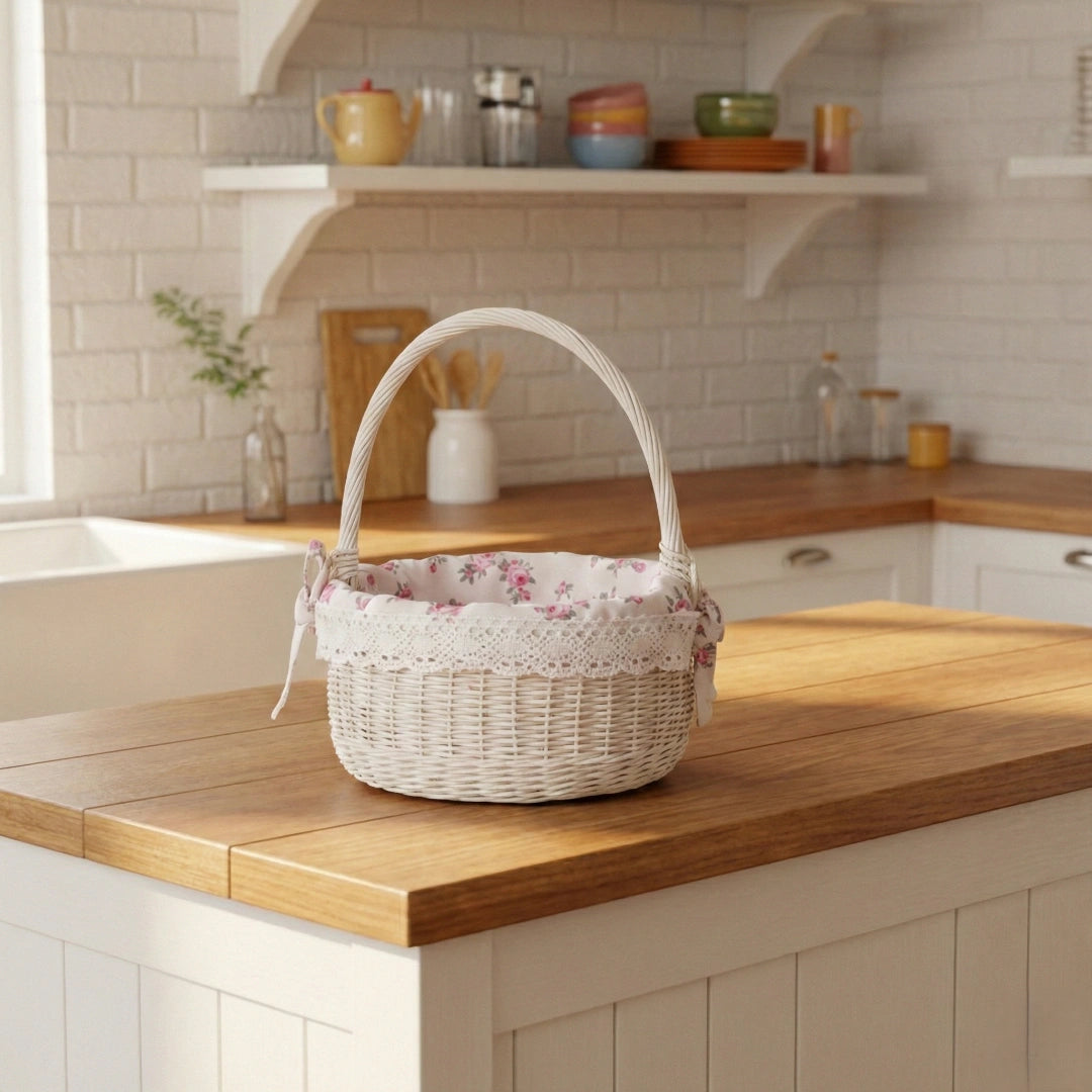 Farmhouse Wicker Basket Round with Handles antique white with floral lining on kitchen counter